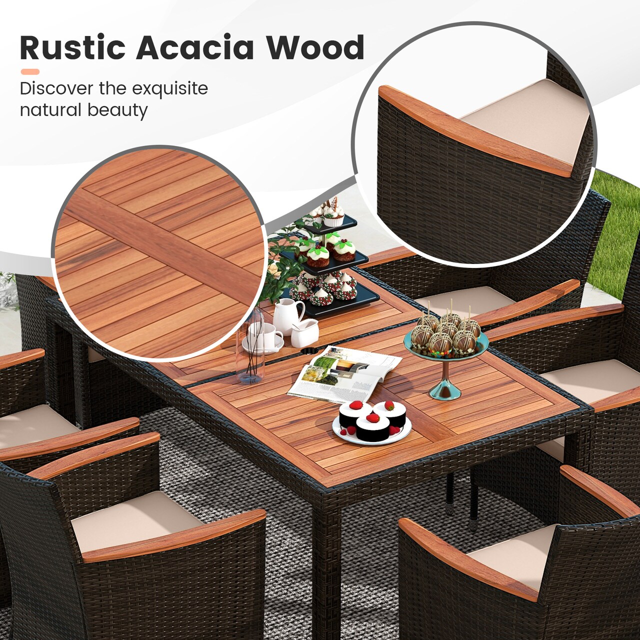 7-Piece Outdoor Rattan Dining Set with Acacia Wood Table and Cushioned Chairs for Patio Garden